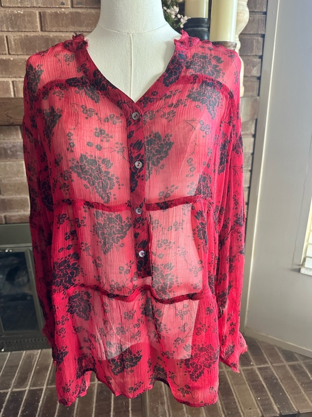 Sundance Elodie Bohemian Tiered Floral Blouse Sheer Red Black Large